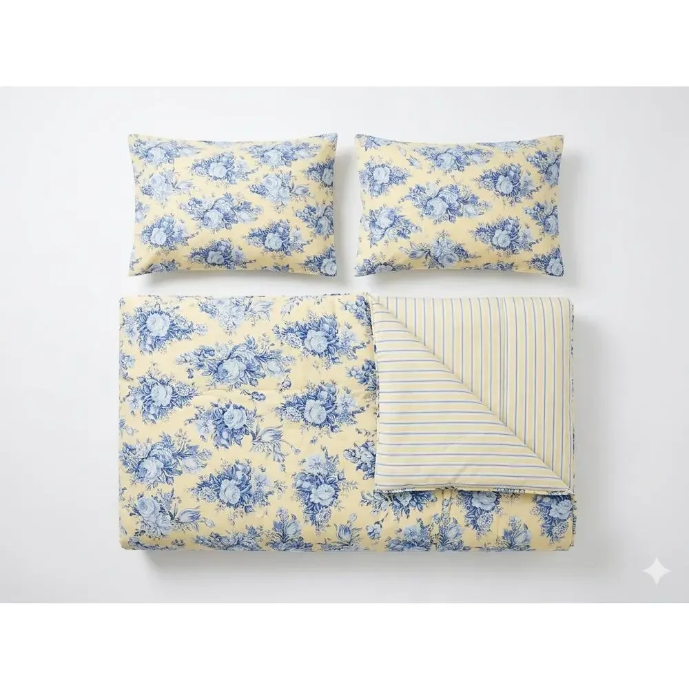 Lauren Ralph Lauren Queen Comforter 2 Pillow Shams Yellow Blue Floral Cotton